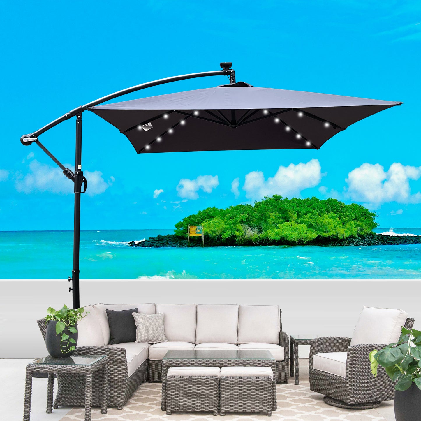 Rectangle 2x3M Outdoor Patio Umbrella Solar Powered LED Lighted Sun Shade Market Waterproof 6 Ribs Umbrella with Crank and Cross Base for Garden Deck Backyard Pool Shade Outside Deck Swimming Pool