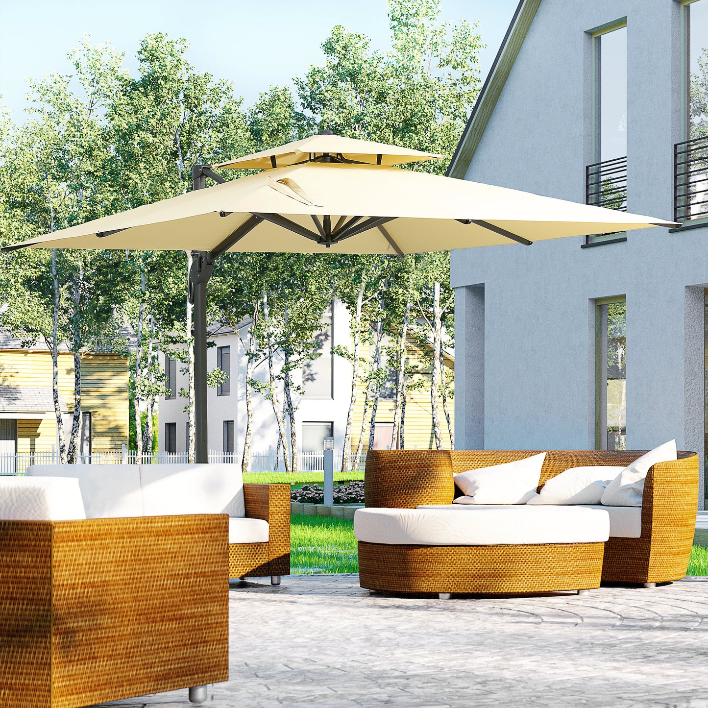10ft Offset Patio Umbrella, Hanging Cantilever Umbrella, Square Shape, Aluminum Cross Base, Tilt, 360-Degree Rotation, Beige