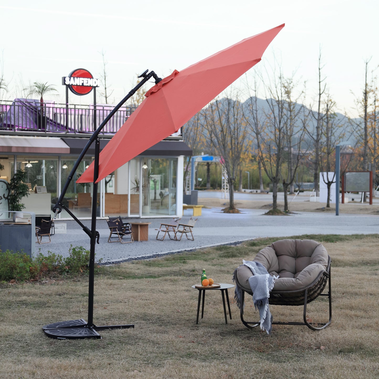 10ft Solar LED Offset Hanging Market Patio Umbrella  (orange )(No Base)