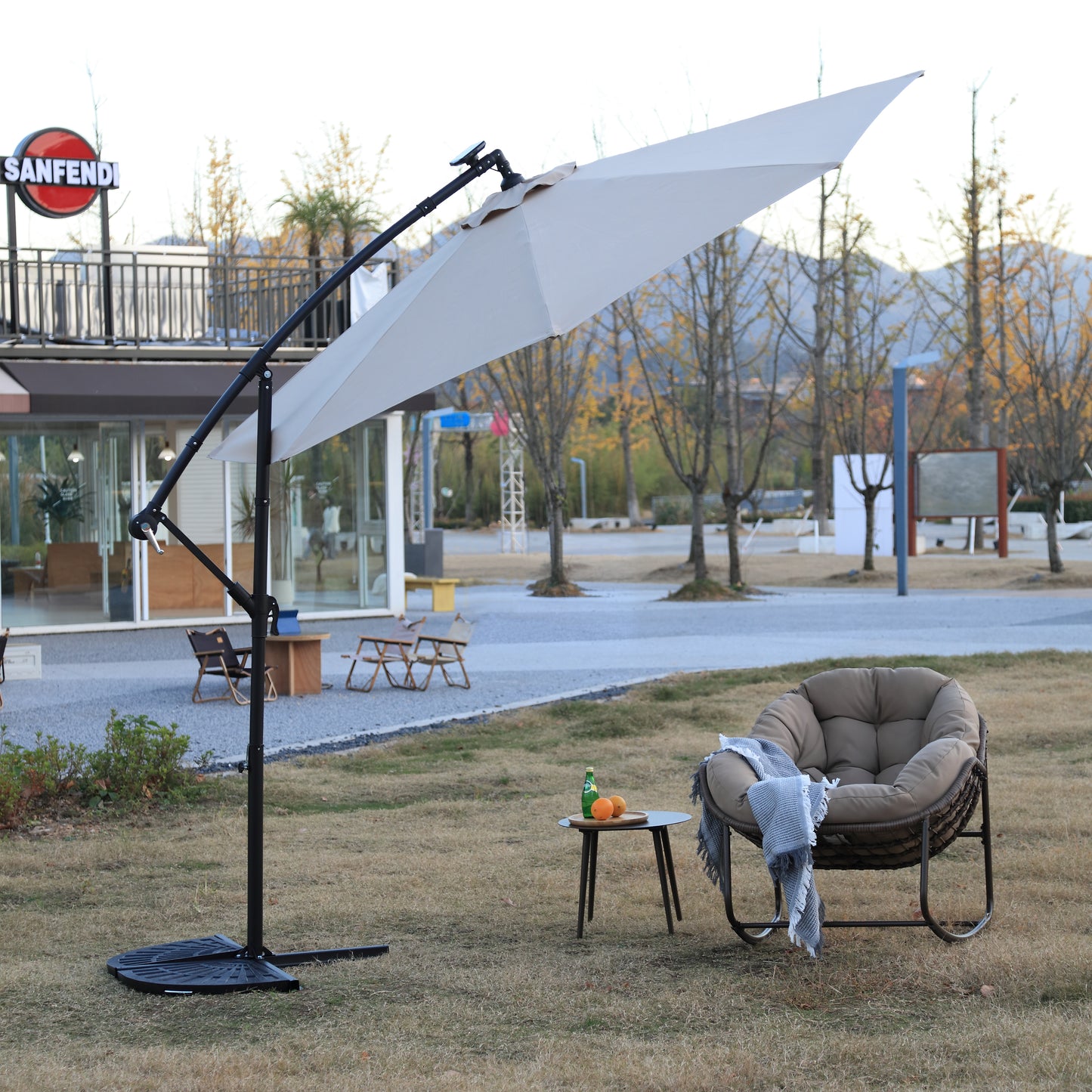 10ft Solar LED Offset Hanging Market Patio Umbrella  ( khaki )(No Base)
