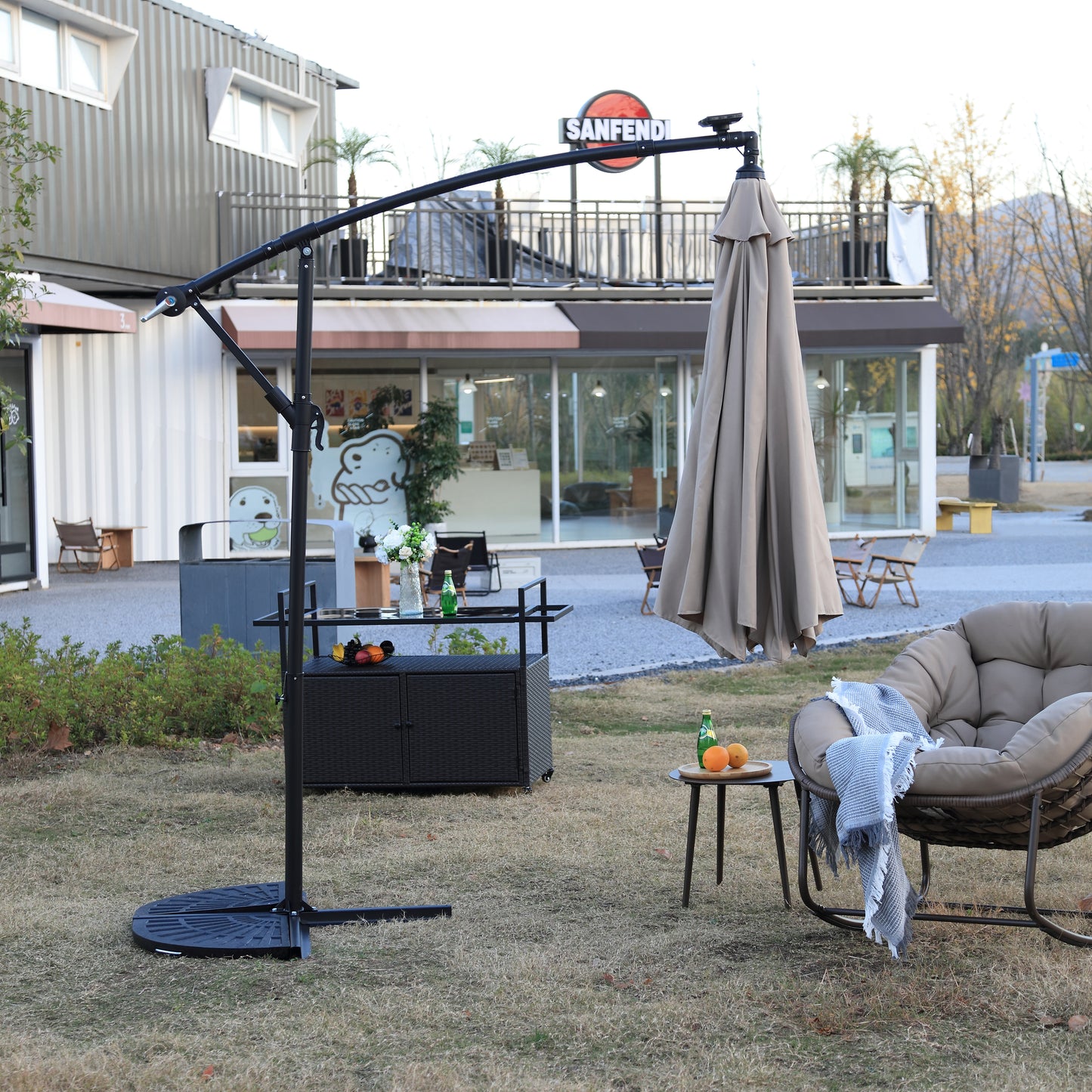 10ft Solar LED Offset Hanging Market Patio Umbrella  ( khaki )(No Base)