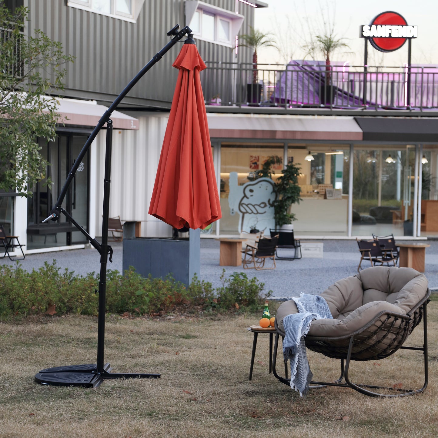 10ft Solar LED Offset Hanging Market Patio Umbrella  (orange )(No Base)