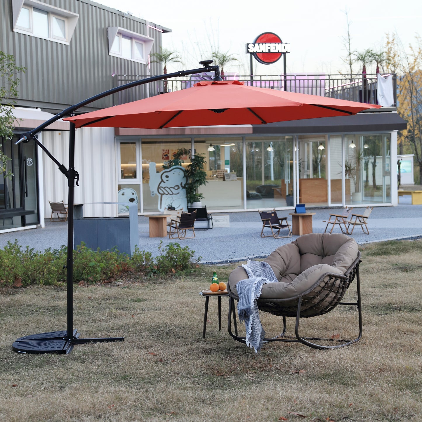 10ft Solar LED Offset Hanging Market Patio Umbrella  (orange )(No Base)