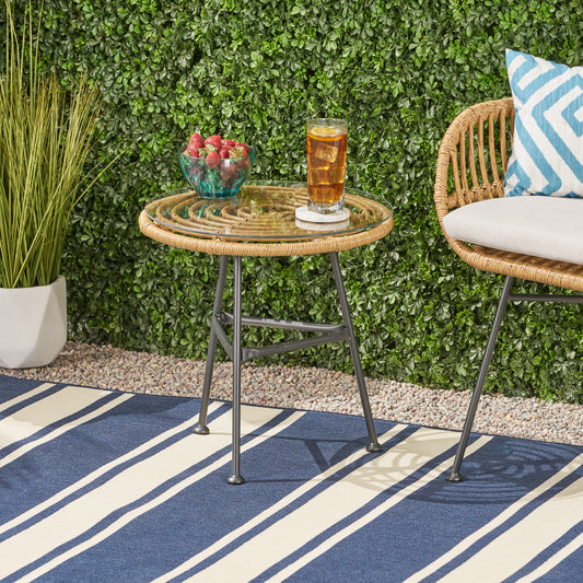 Orlando Outdoor Glass Top Faux Rattan Side Table,Tempered Glass Top End Table for Balcony Porch Deck