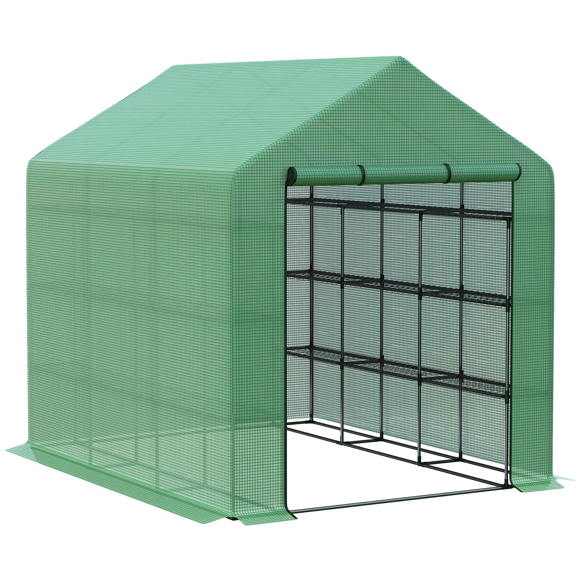 Walk-in Greenhouse for Outdoors with Roll-up Zipper Door, 18 Shelves, PE Cover, Small & Portable Build, Heavy Duty Humidity Seal, 95.25" x 70.75" x 82.75", Green