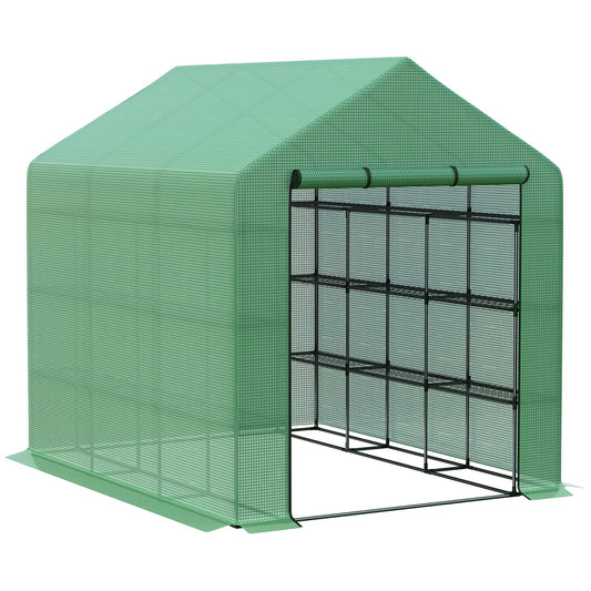 Walk-in Greenhouse for Outdoors with Roll-up Zipper Door, 18 Shelves, PE Cover, Small & Portable Build, Heavy Duty Humidity Seal, 95.25" x 70.75" x 82.75", Green