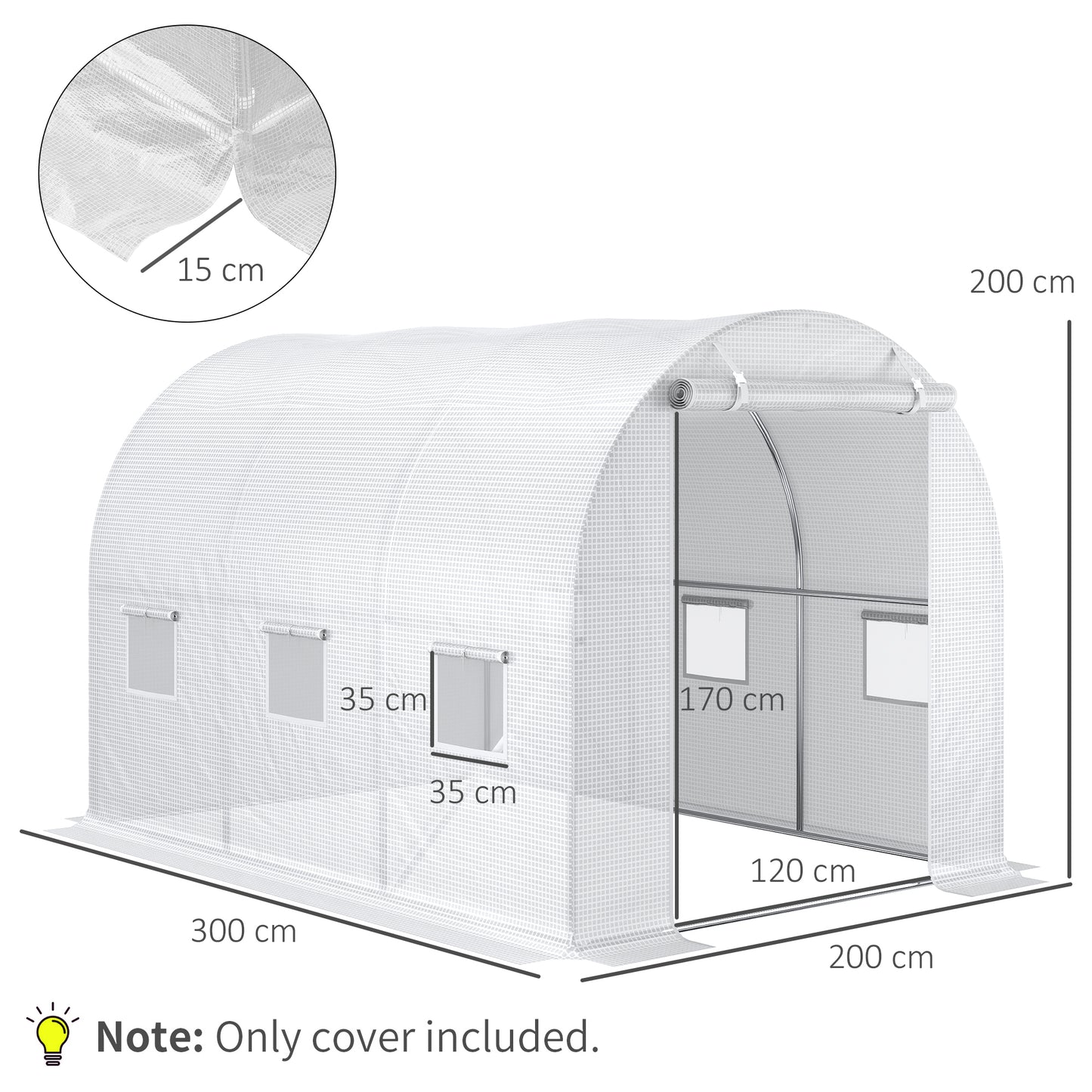 9.8' x 6.6' x 6.6' Plastic Greenhouse Cover Replacement, Heavy Duty Waterproof Tarp for Hoop House, Sheeting with 6 Windows, Door & Reinforcement Grid, White