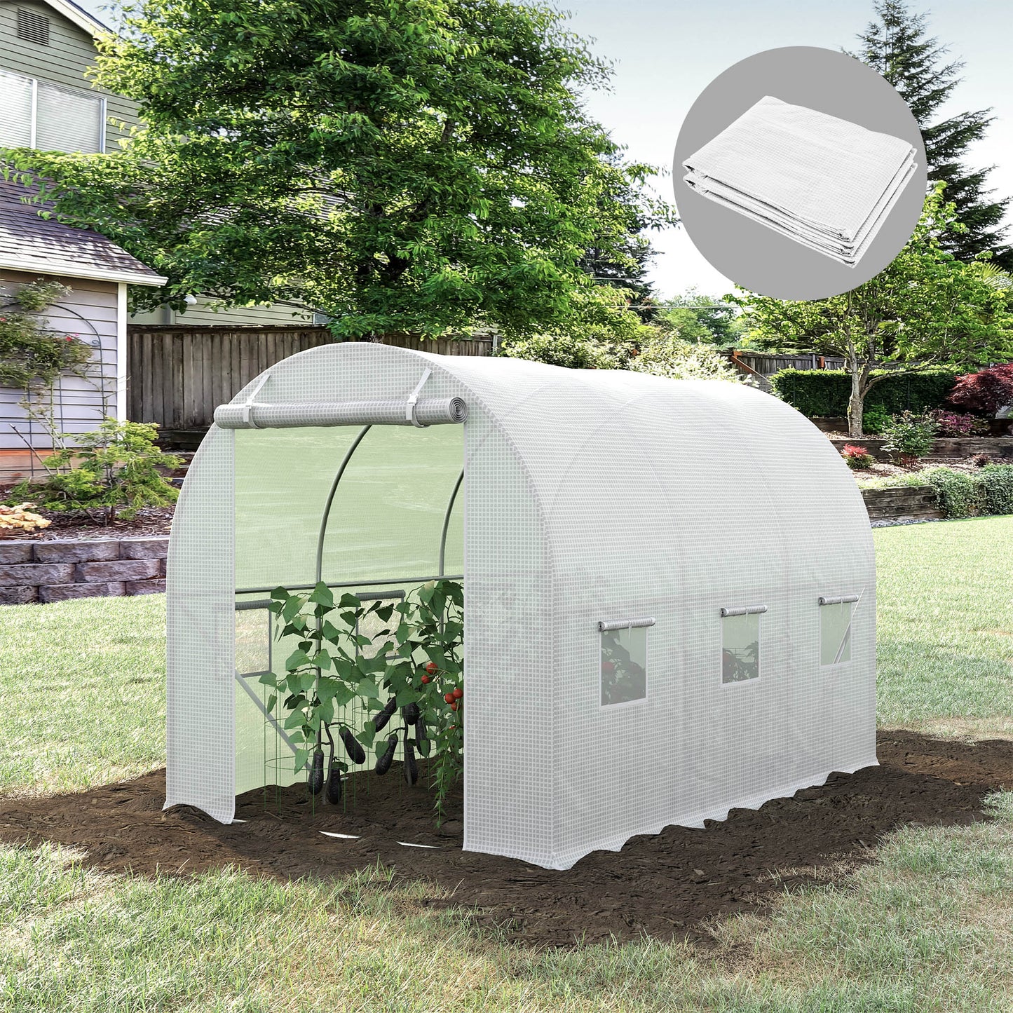 9.8' x 6.6' x 6.6' Plastic Greenhouse Cover Replacement, Heavy Duty Waterproof Tarp for Hoop House, Sheeting with 6 Windows, Door & Reinforcement Grid, White