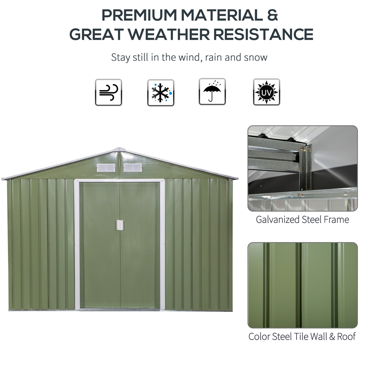 9' x 6' Outdoor Storage Shed, Garden Tool House with Foundation, 4 Vents, and 2 Easy Sliding Doors for Backyard, Patio, Garage, Lawn, Green