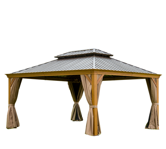 12'x16' Hardtop Gazebo Outdoor Aluminum Wood Grain Gazebos with Galvanized Steel Double Canopy for Patios Deck Backyard,Curtains&Netting (Wood-Looking)