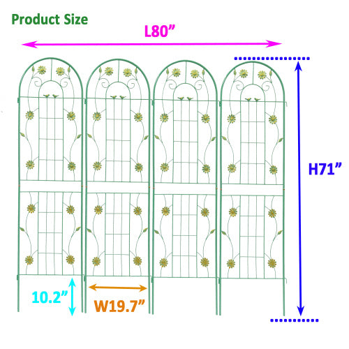 71 in. H 4-Pack Green Metal Garden Trellis Decorative Outdoor Rustproof Trellis for Climbing Plants Support