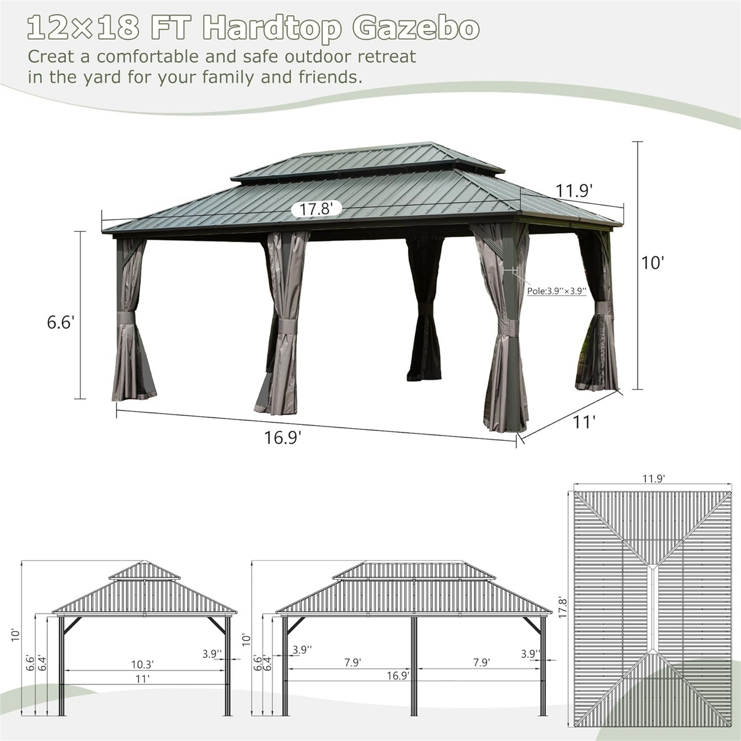 12' X 18' Hardtop Gazebo, Aluminum Metal Gazebo with Galvanized Steel Double Roof Canopy, Curtain and Netting, Permanent Gazebo Pavilion for Patio, Backyard, Deck, Lawn