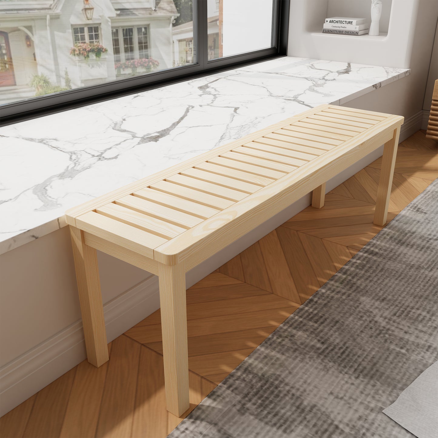 52.1" Outdoor Solid Wood Knot-Free Pine Backless Dining Swimming Pool Beach Bench with Slatted Seat – Modern Bench, Perfect for Patio, Backyard, Entryway, Hallway, Living Room, Bedroom, Front Door
