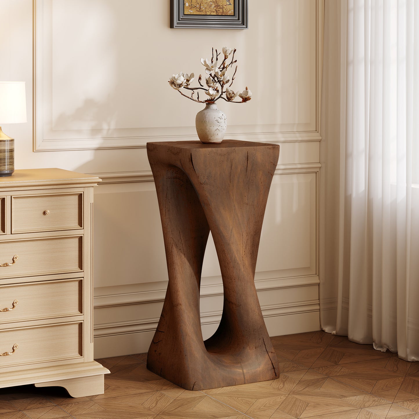 Outdoor Side Table,Twist Shape End Table,Decorative Accent Table,Garden Stool Table for Patio Balcony Beach Pool Side,Lightweight Concrete,Wood Like Texture,Antique brown Color