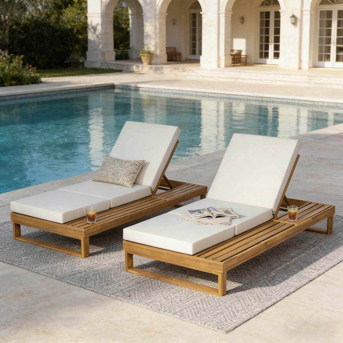 Teak Finish Acacia Wood Chaise Lounge with 4-Inch Cream 3-Fold Water-Resistant Cushion Set, 4-Position Adjustable Outdoor Patio Lounger with Flat Side Surface, for Poolside-Matching dark grey version