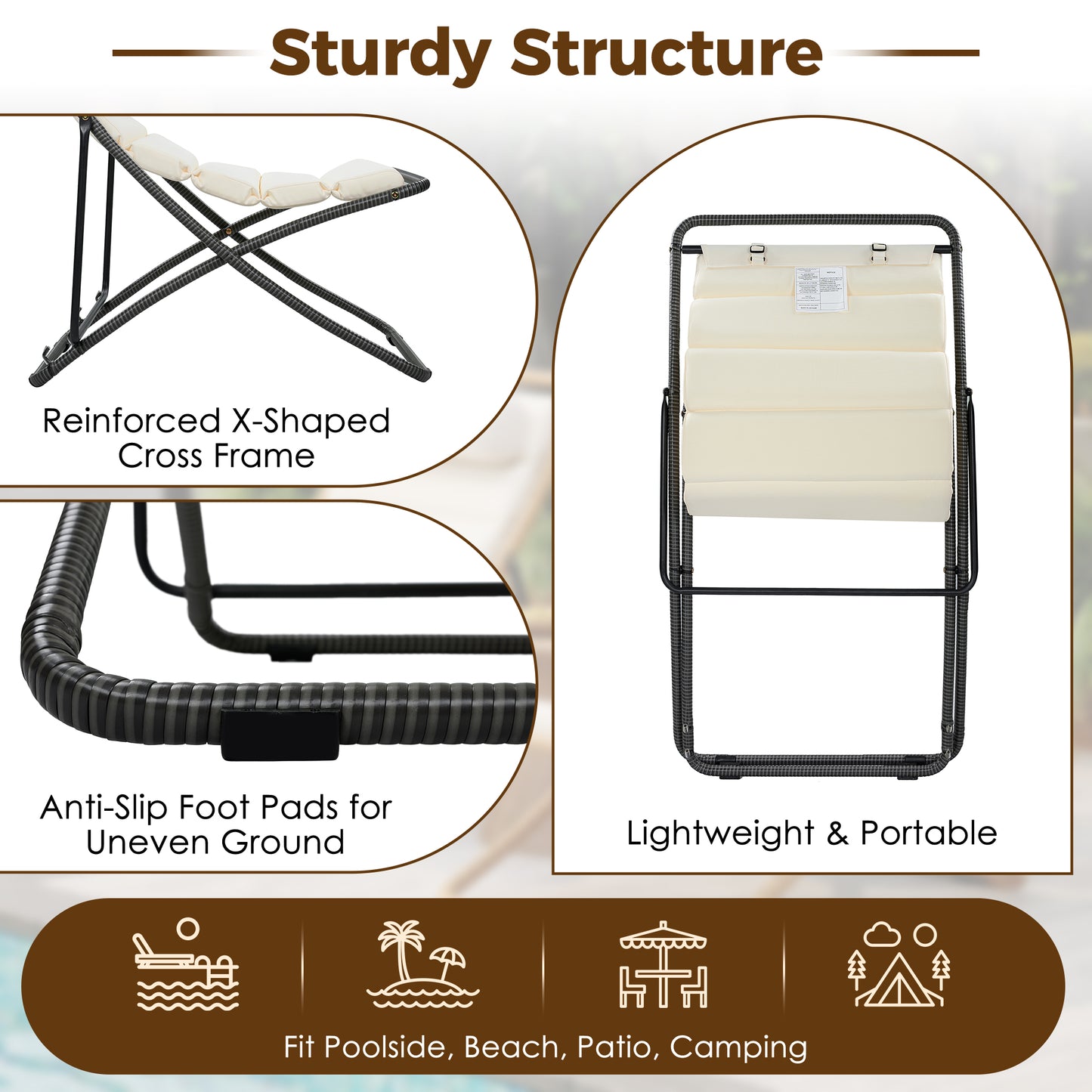 TREXM 2-Pieces Outdoor Folding Chair, Rattan-Wrapped Patio Chair with Adjustable Backrest, Thick Cushion, and Detachable Headrest ,for the Poolside, Beach, Backyard, Decck, and Camping (Black)