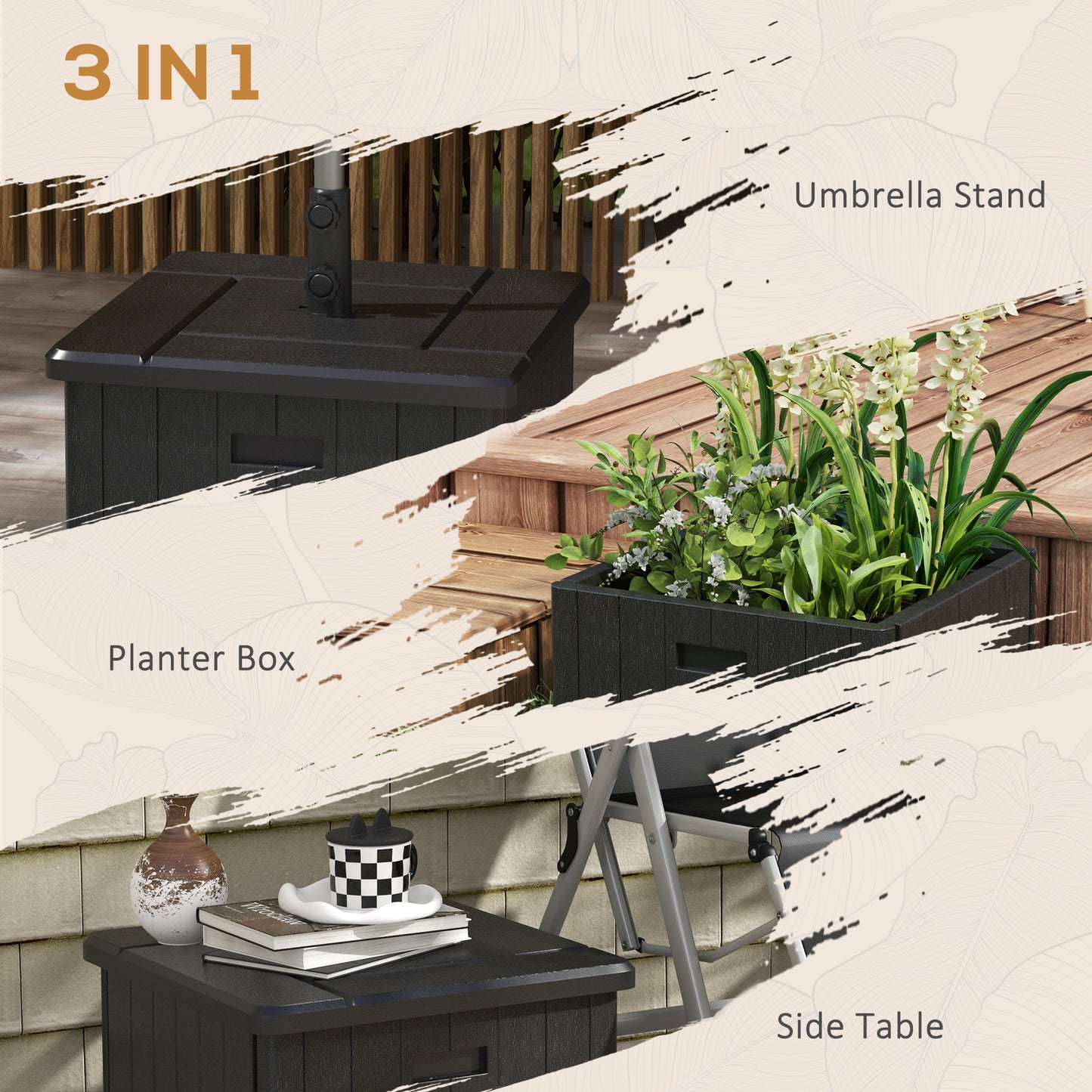 Outsunny 3-in-1 Outdoor Umbrella Base, Coffee End Table, Flower Box Planter with Drain Hole, 175 lbs. Capacity Fillable Patio Umbrella Stand Table with Wheels and Handles, Black