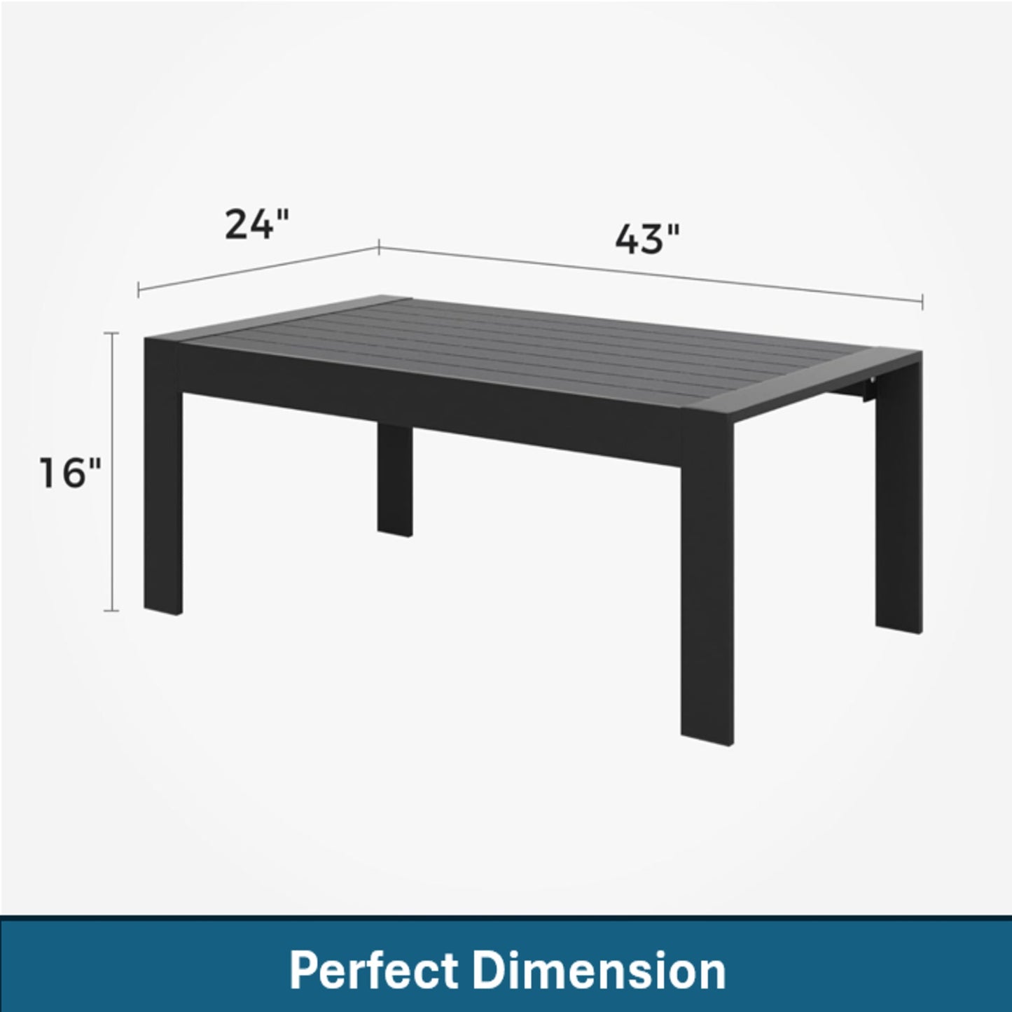 43" All-Weather Aluminum Patio Coffee Table, Modern Black Rectangle Outdoor Table