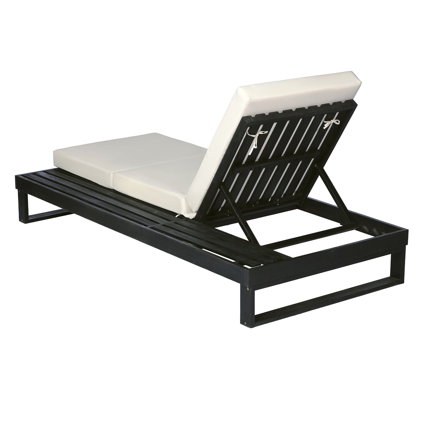 Black Acacia Wood Chaise Lounge with 4-Inch Cream 3-Fold Cushion Set, 4-Position Adjustable Outdoor Patio Lounger with Flat Side Surface, for Poolside-Matching dark grey version available