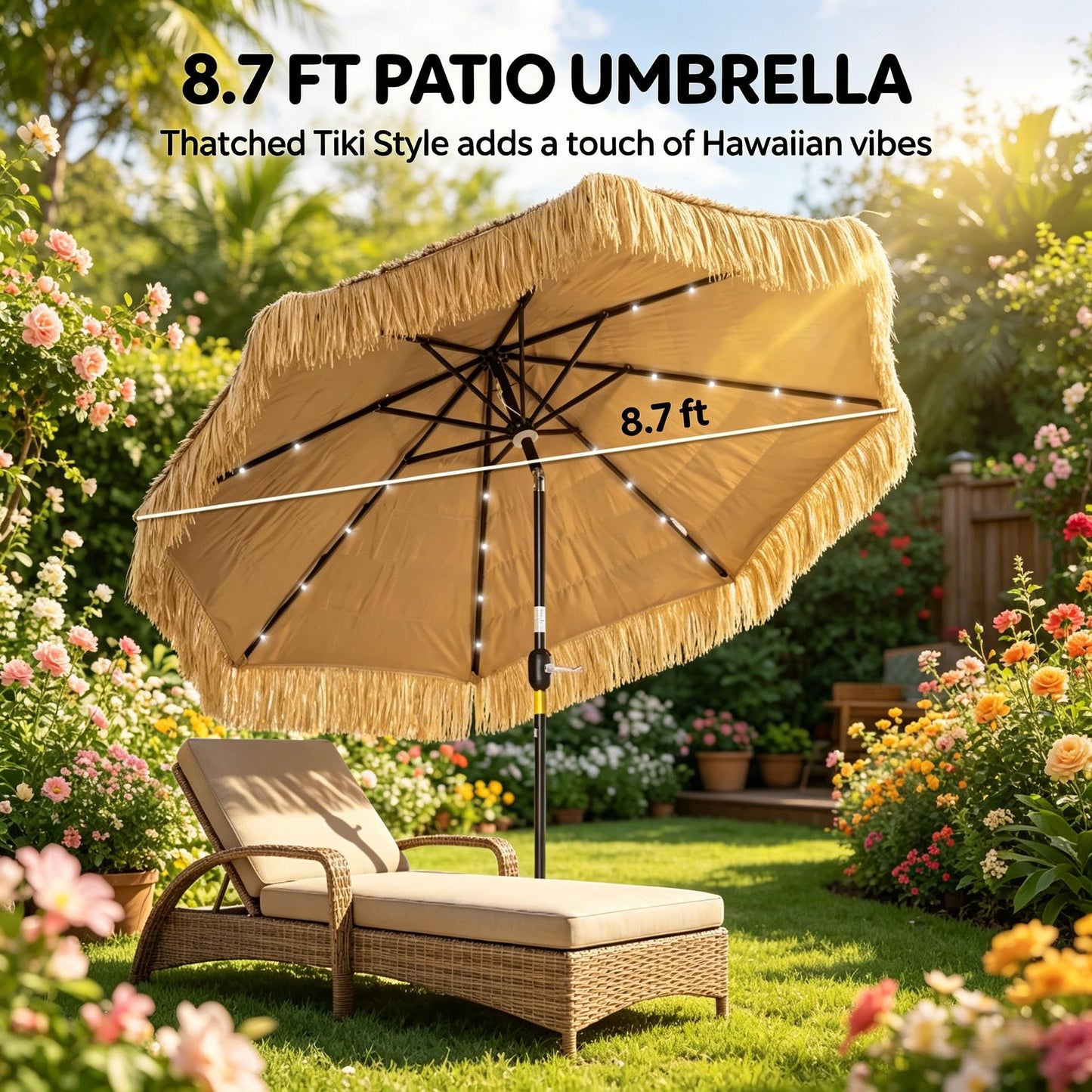 Straw Tassel Design Garden Umbrella,Hawaiian Style Outdoor Umbrella,Patio Umbrella with Solar Powered LED Light(Only Umbrella)
