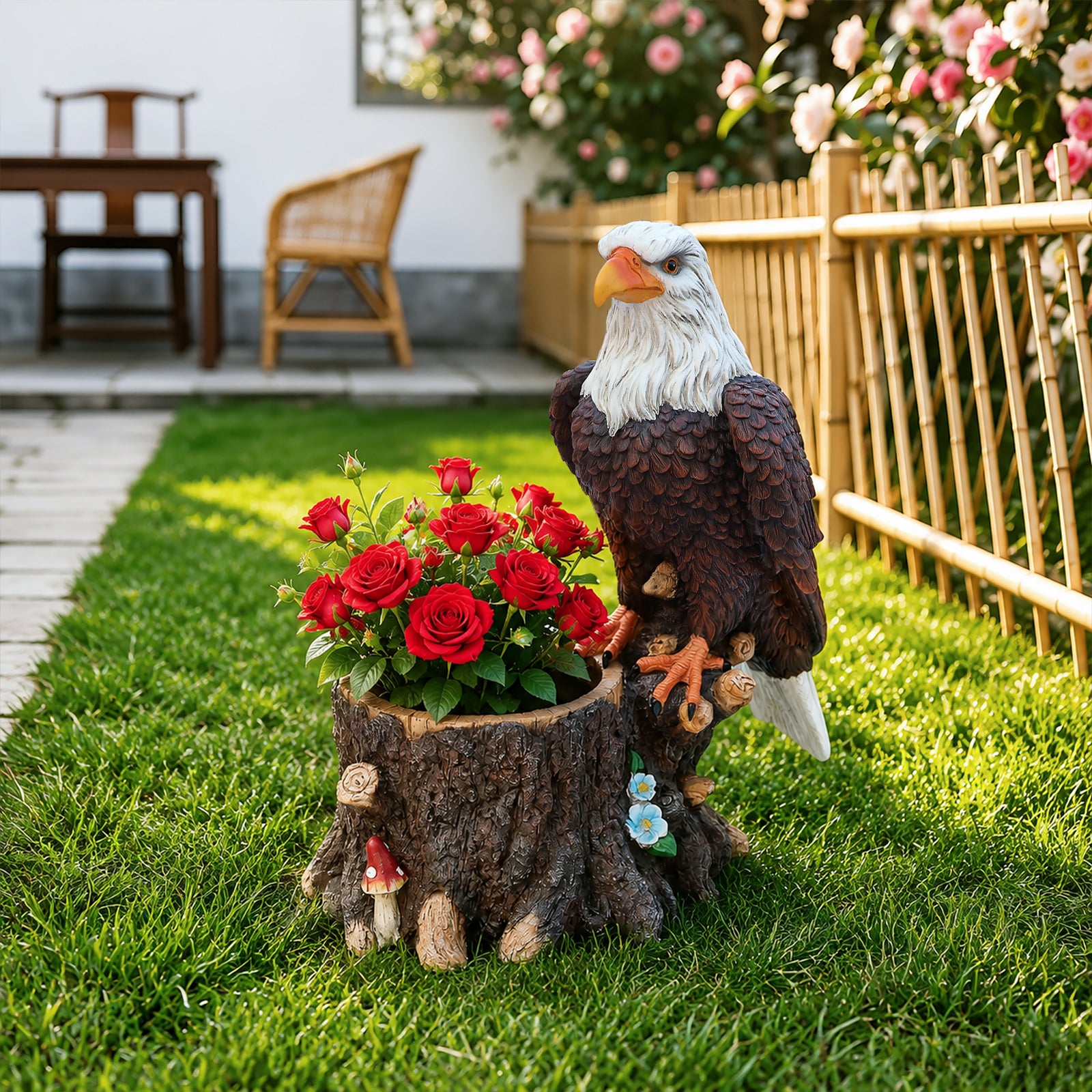 Realistic Standing Eagle Garden Planter on Tree Stump - Durable Polyresin Decorative Wildlife Flower Pot for Outdoor Lawn & Patio Decor