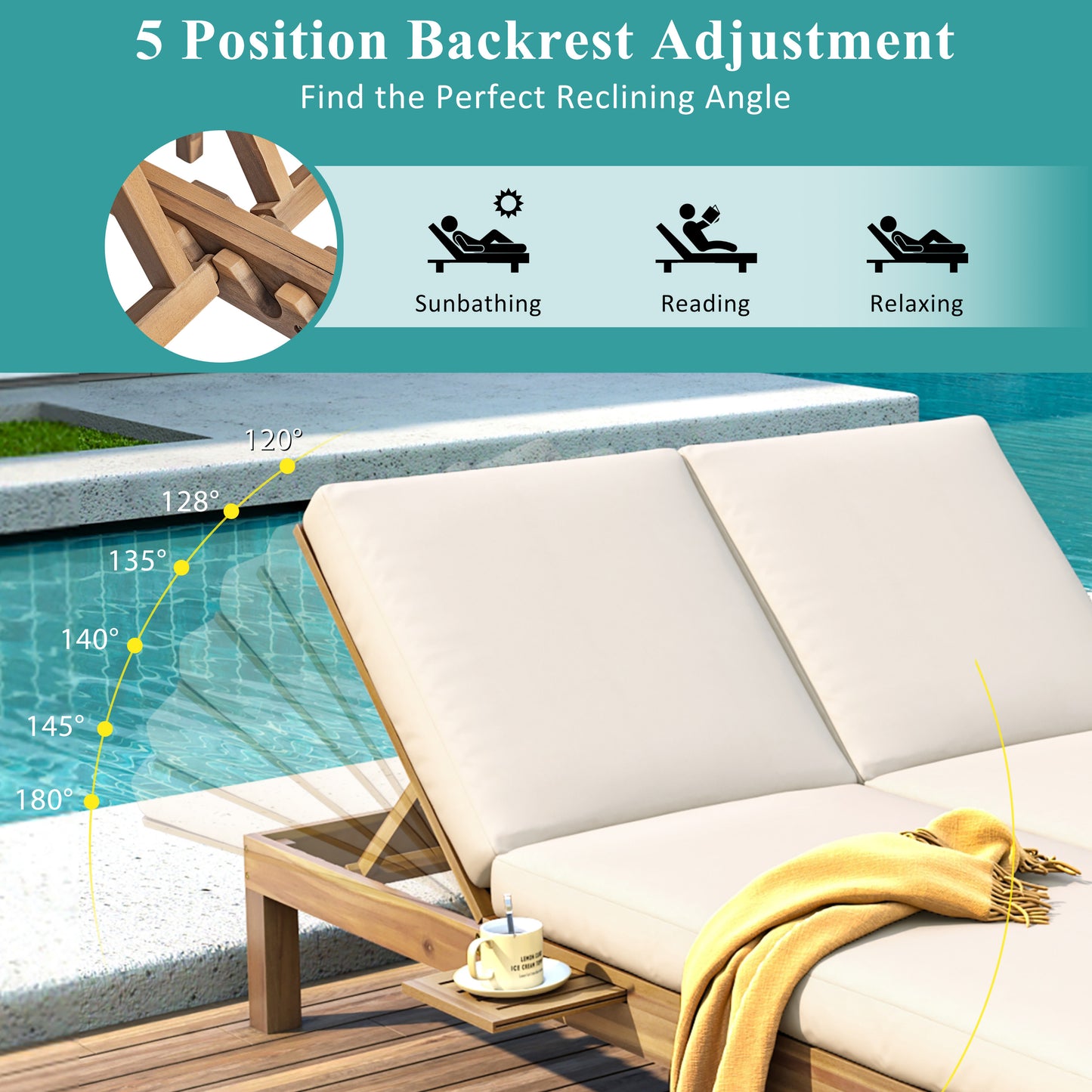 TREXM 5-Position Adjustable Backrest Double Chaise Lounge Outdoor, Outdoor Chaise Lounge with Cushion and Folding Side Trays for 2 People, Patio Double Chaise Lounge for Poolside Garden, Light Teak