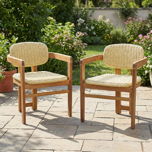 Outdoor Woven Rattan Chair Set Two Accent Chairs Stylish Outdoor Armchairs 2 Person Seating Group Ergonomic Garden Chairs for Patio, Outdoor, Teak Finish+Natural Rattan