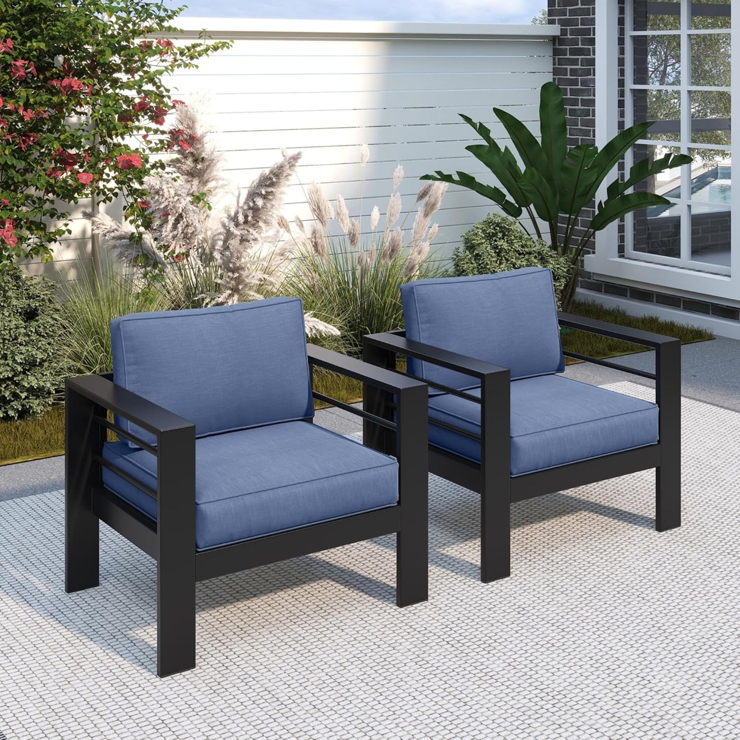 2-Pack 28" All-Weather Aluminum Patio Armchairs with Thick Blue Cushions & Black Frame