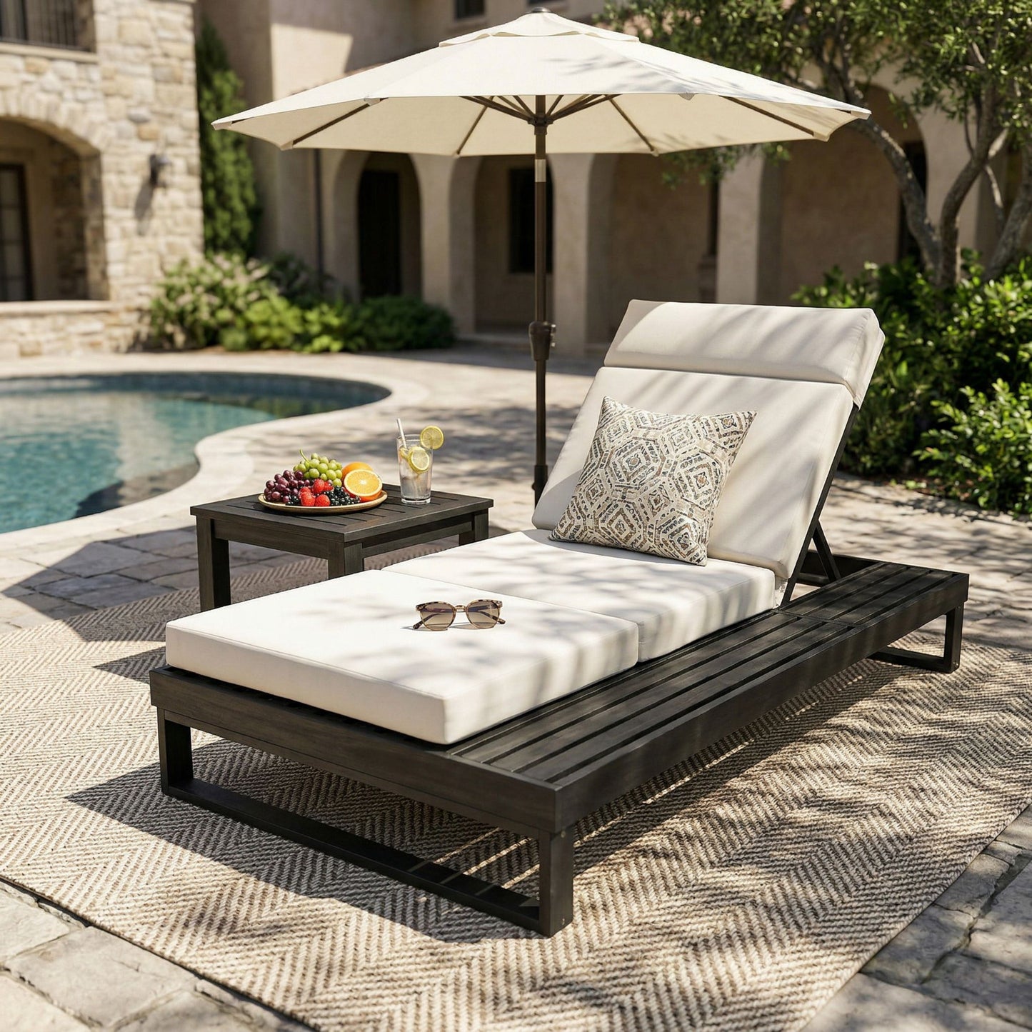 Black Acacia Wood Chaise Lounge with 4-Inch Beige 4-Fold Cushion Set, Adjustable Outdoor Patio Lounger with Flat Side Surface, for Poolside- Matching cream,dark gray version available