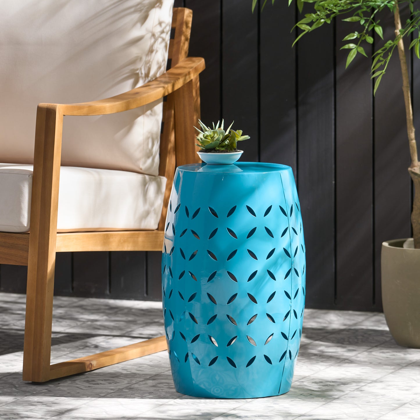 LILAC 12" Accent Side Table, Cylindrical Design End Table for Living Room, Family Room, or Entryway, Industrial Style,Coffee Side Tables for Indoor Outdoor, Blue Color