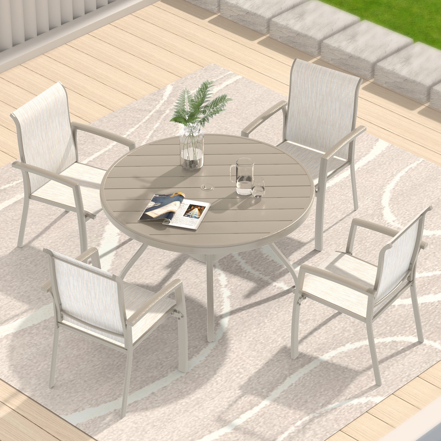 VRSHWO"Outdoor Round Patio Dining Table for 4-6, All Weather Metal Dining Table with Umbrella Hole for Deck Lawn Garden Backyard, Sandstone Color