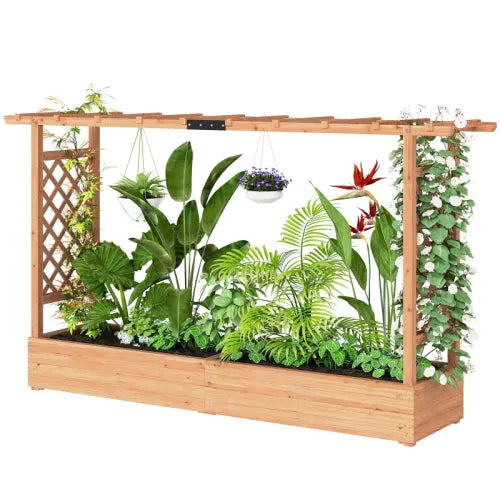 69.7 in. x 15.7 in. x 9.1 in. Natural Wood Galvanized Raised Garden Bed, Wood Planter Box with a unique arched trellis