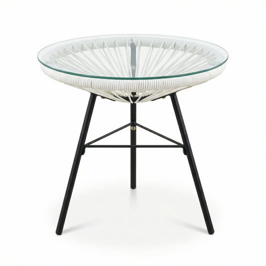 NUSA OUTDOOR SYNTHETIC WICKER GLASS-TOP SIDE TABLE, WHITE RATTAN