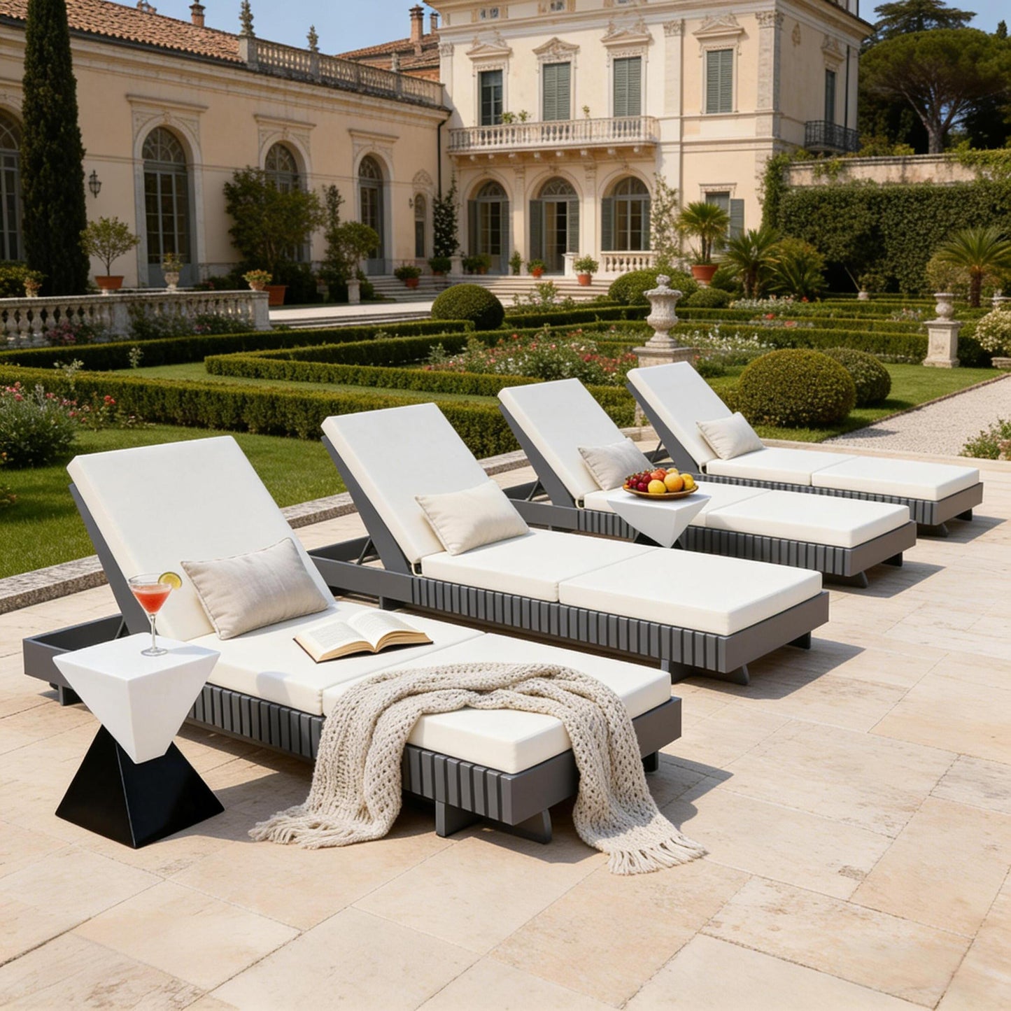 Dark Grey Acacia Solid Wood Outdoor Chaise Lounge with Cream 3-Fold Water-Repellent Cushion, 400lbs Capacity,  Modern Patio Sun Lounger for Garden, Poolside
