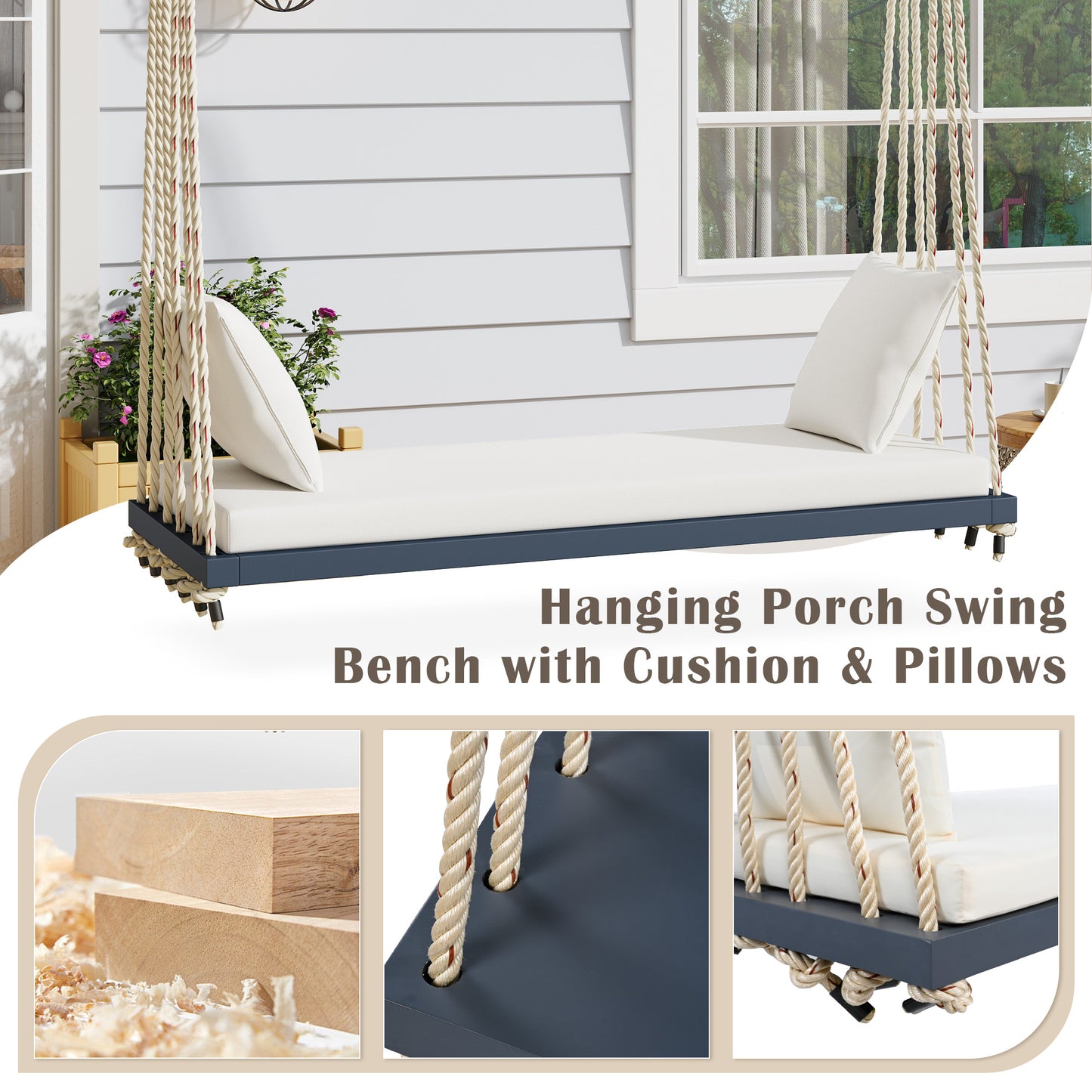 TOPMAX Patio Wooden Swing Chair, Hanging Porch Swing Bench with Cushion&Pillows, 10.8Ft Hemp Ropes for Garden,Backyard, Lawn,Gray