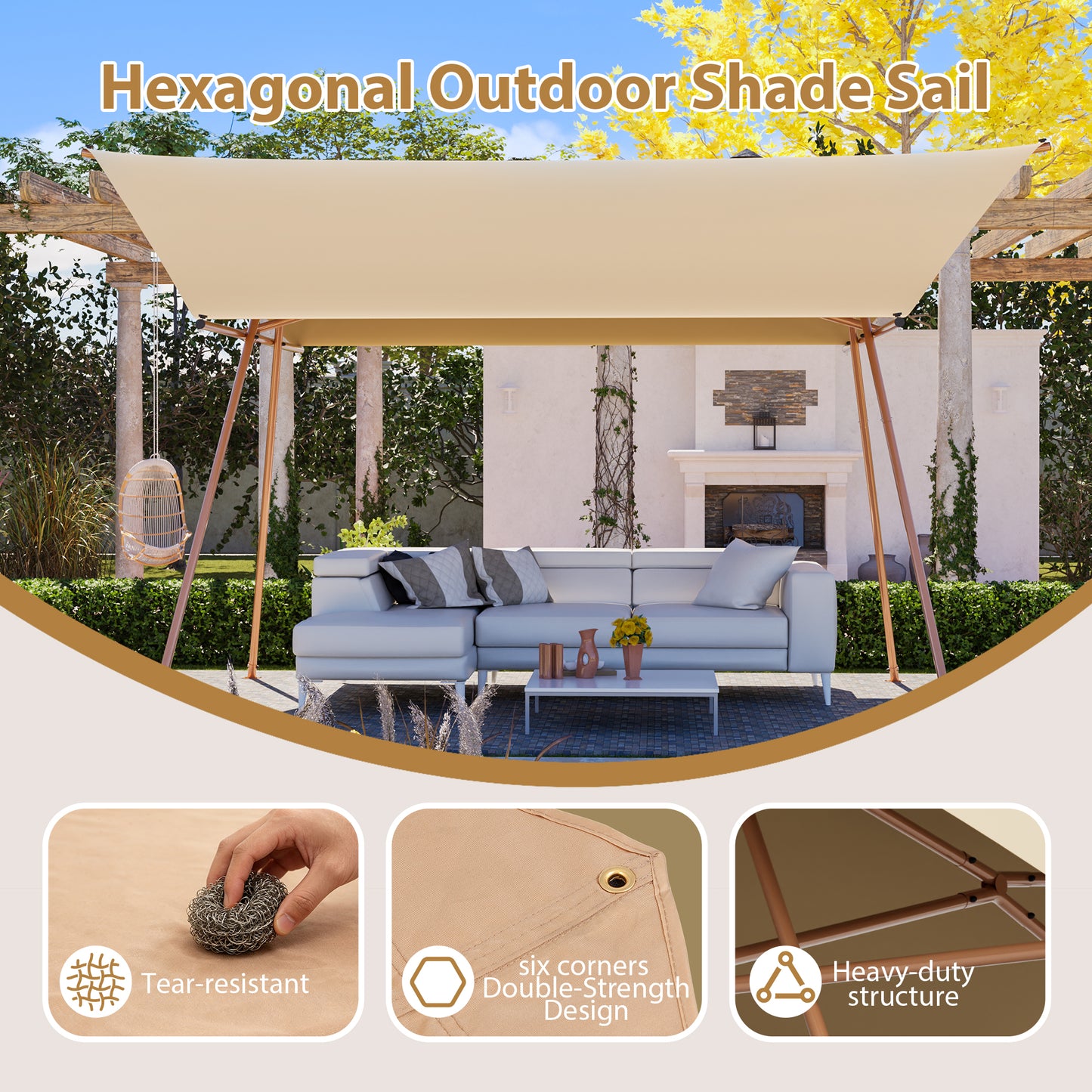 Hexagonal Shade Sail Canopy, Large 206"x118" UV Block Sun Shade with UPF 50+, Waterproof High-Density Polyester Fabric, Brown Rust-Resistant Poles & Built-in Hooks for Patio Backyard – Light Khaki