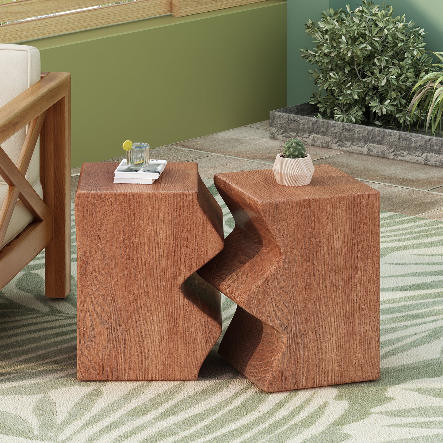 MGO Side Table, Set of 2 Rectangular Outdoor Side Tables, Decorative Garden Stools for Indoor Outdoor, Accent Table,Patio Side Table,Nesting End Table,Faux Wood Natural Color