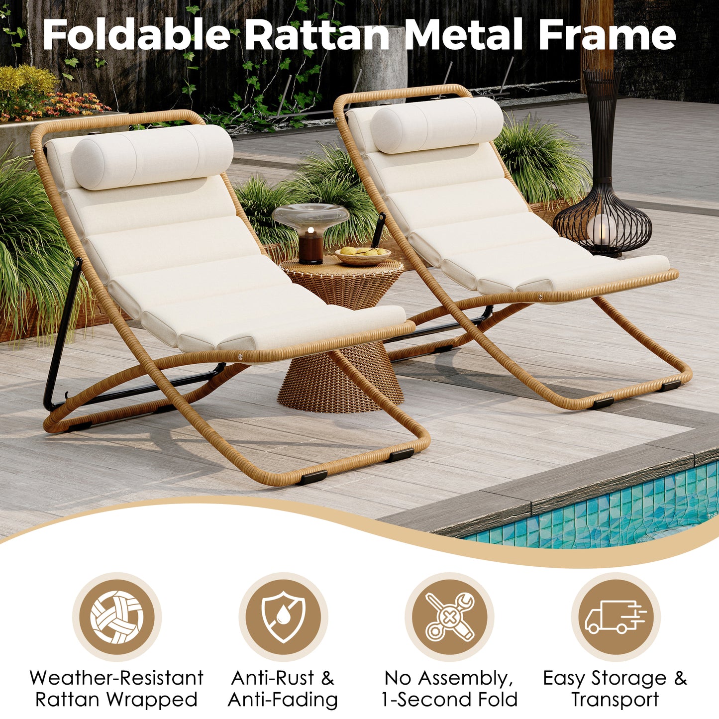 TREXM 2-Pieces Outdoor Folding Chair, Rattan-Wrapped Patio Chair with Adjustable Backrest, Thick Cushion, and Detachable Headrest ,for the Poolside, Beach, Backyard, Decck, and Camping (Yellow)