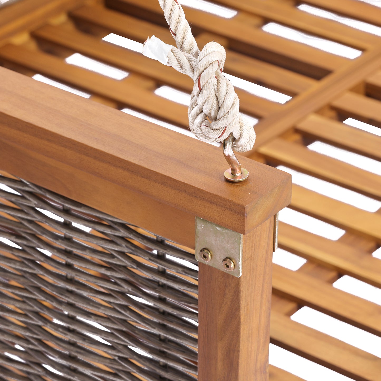 TOPMAX Outdoor Classic Solid Wood Twin Size Swing Bed,Garden Porch Rattan Swing Frame with Long Ropes for Poolside, Backyard,TEAK