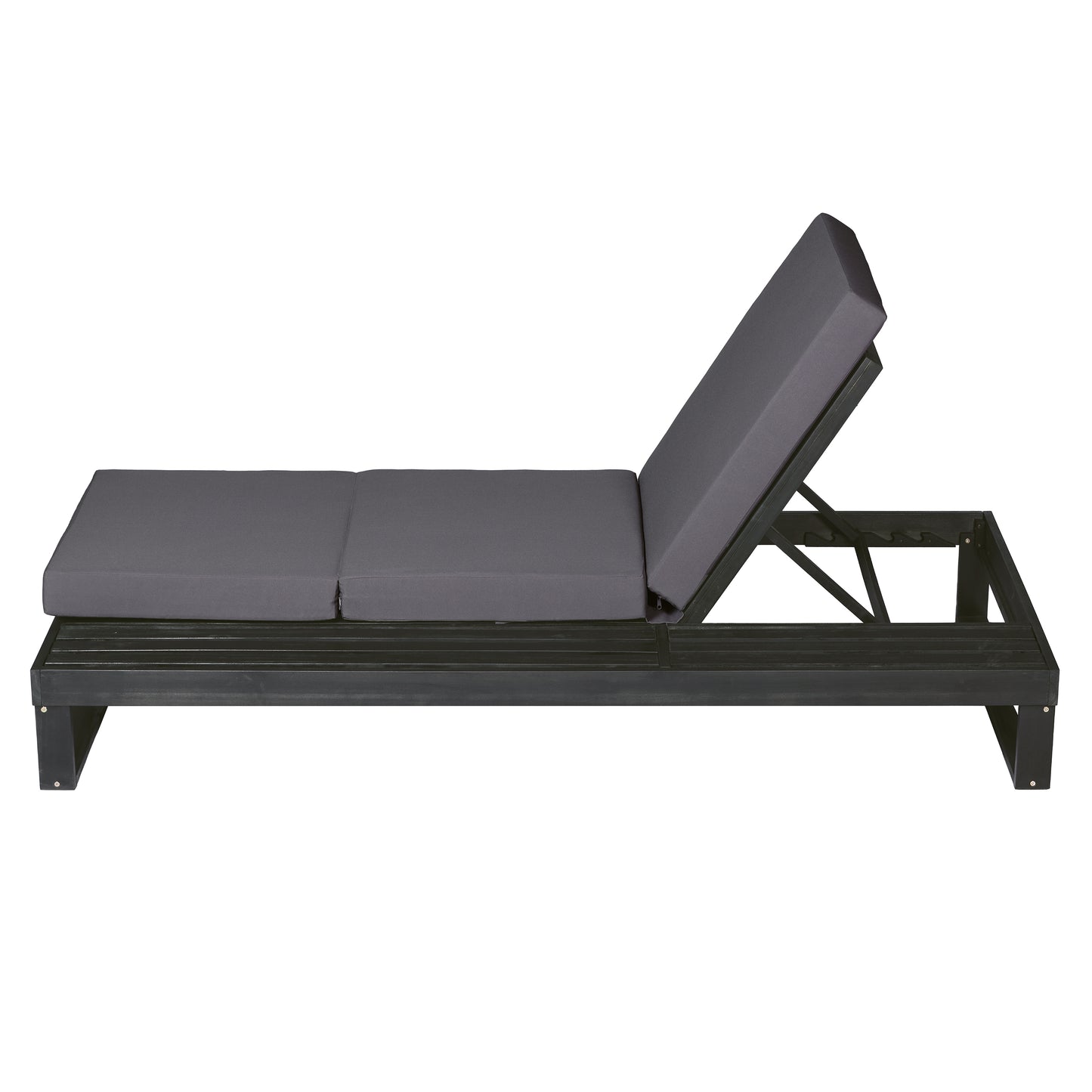 Black Acacia Wood Chaise Lounge with 4-Inch Dark Grey 3-Fold Cushion Set, 4-Position Adjustable Outdoor Patio Lounger with Flat Side Surface, for Poolside- Matching cream version available