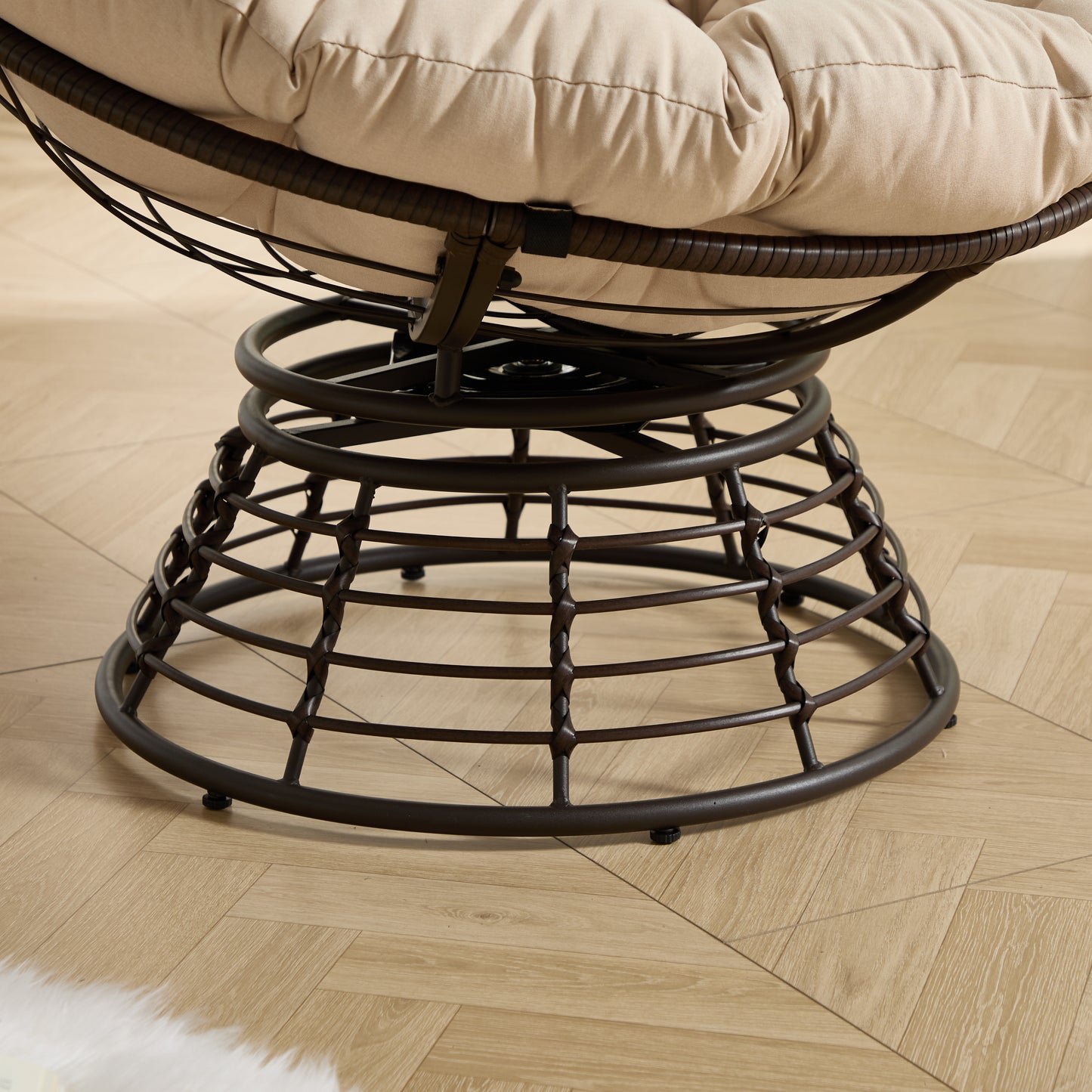 Comfortable Ergonomic Wicker Papasan Chair, 360° Swivel Indoor Outdoor Rattan Chair with Soft Thick Cushion, Ideal for Living Room, Bedroom, Reading Room, Brown Frame with Beige Cushion