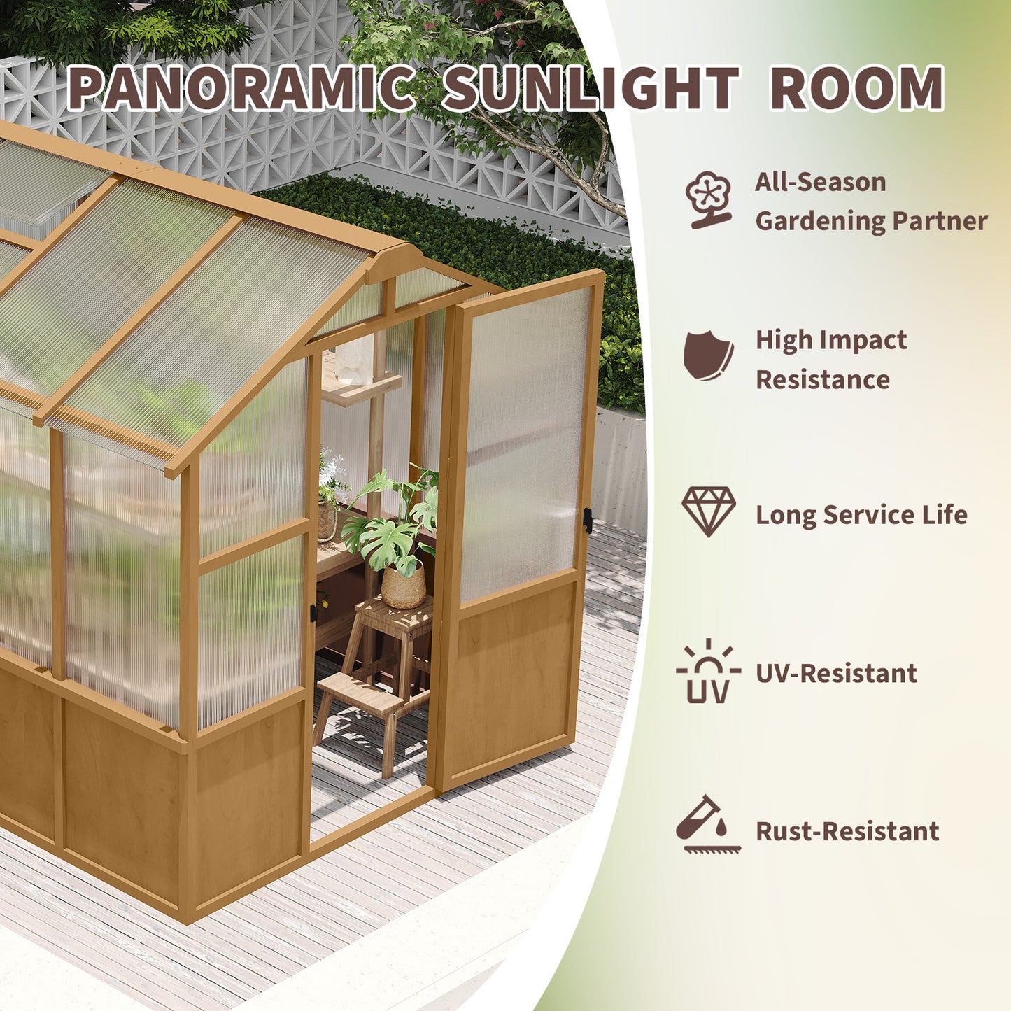 6x8 FT Greenhouse, Wooden Walk-in Greenhouse for Outdoors with 6MM Thick Polycarbonate Panel and Adjustable Roof Vents, Garden Backyard, Patio, Lawn, Wood Colour