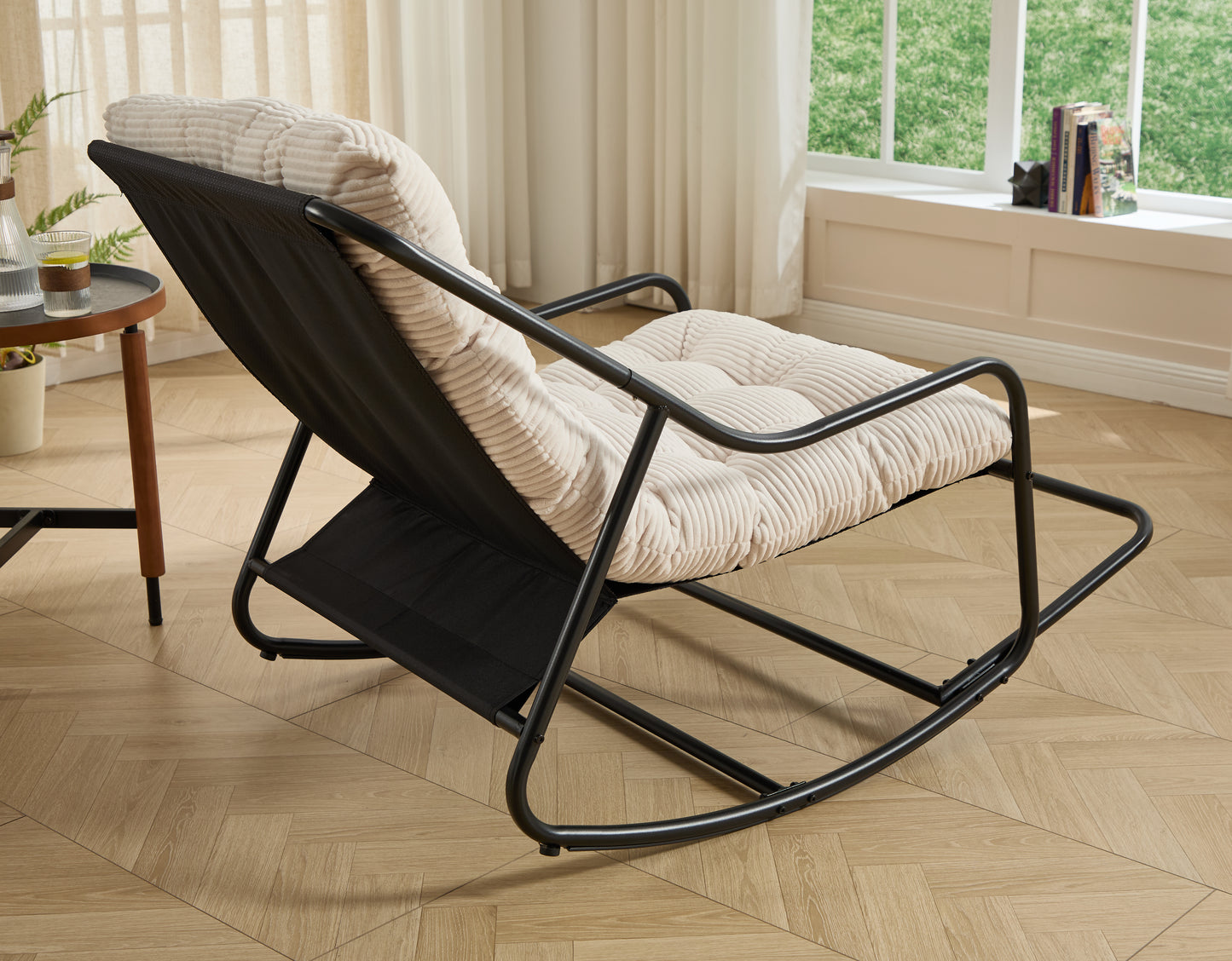 Outdoor Rocking Chair, Comfy Cushion, with Soft Thick Cushion,for Living Room, Bedroom, Reading Room, Black Frame with White Cushion