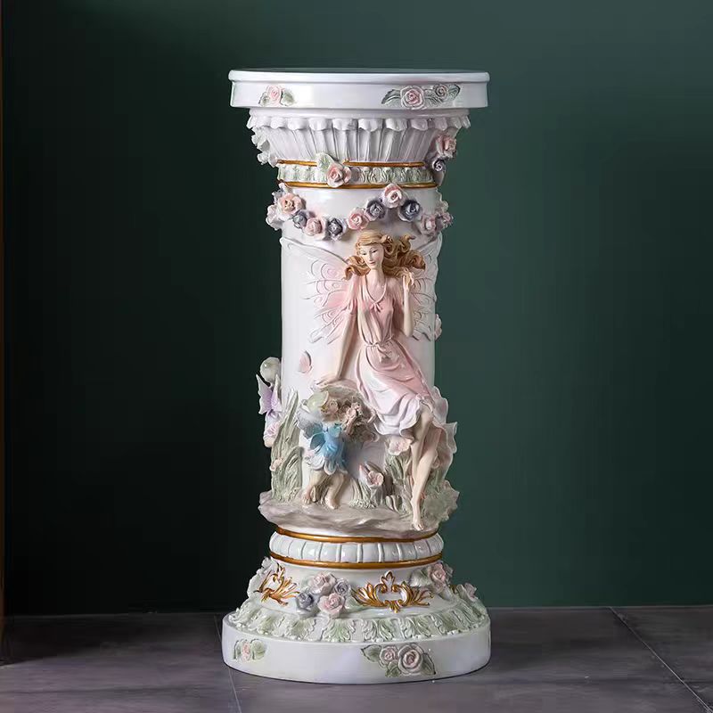 33" Luxury Vintage Roman Column Pedestal, Resin Pillar with Fairy & Floral Relief, Elegant Display Stand for Living Room, Entryway & Home Aesthetic Decor