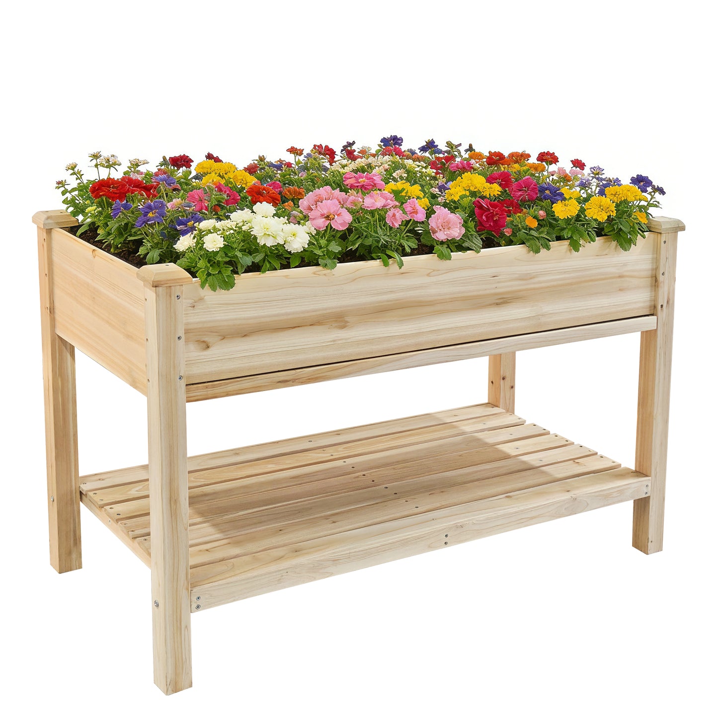 Raised Garden Bed 48x23x31.1-inch Elevated Wood Planter with Water Collection Tray, Storage Shelf, Protective Liner