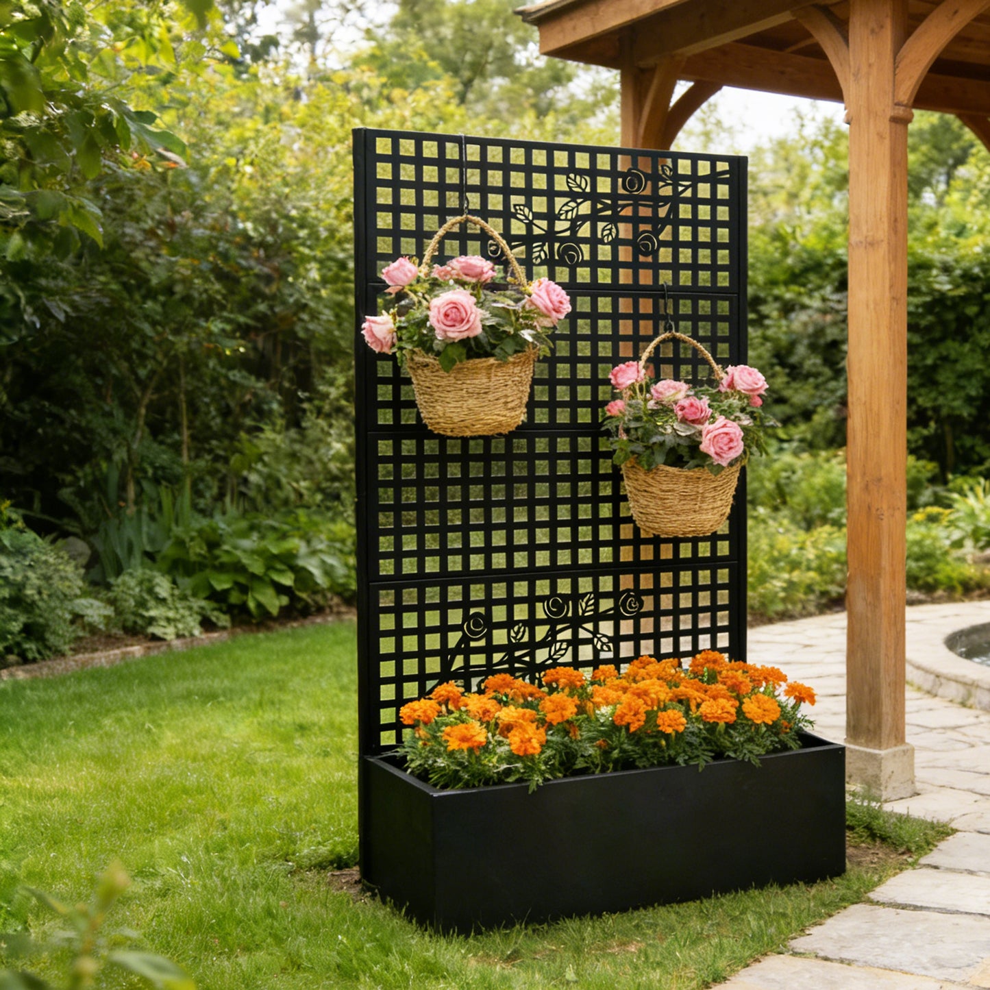 Metal Planter Box with Trellis 70.9in H x 43.3in W x 15.8in D - Outdoor Raised Garden Bed with Privacy Screen Lattice Panels for Patio Decoration for Backyard Patio Balcony, Rose Black