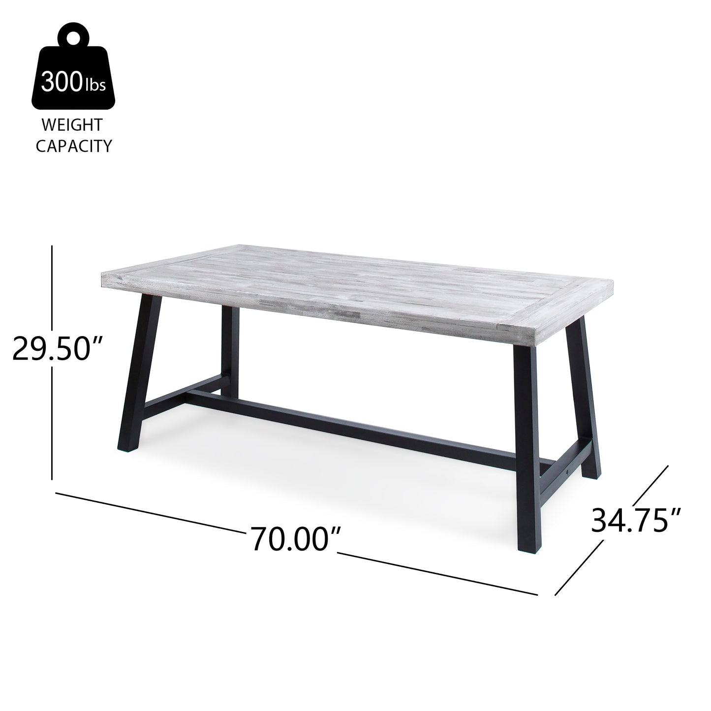 Outdoor Light Grey Sandblast Finish Acacia Wood Dining Table with Black Rustic Metal Finish Frame