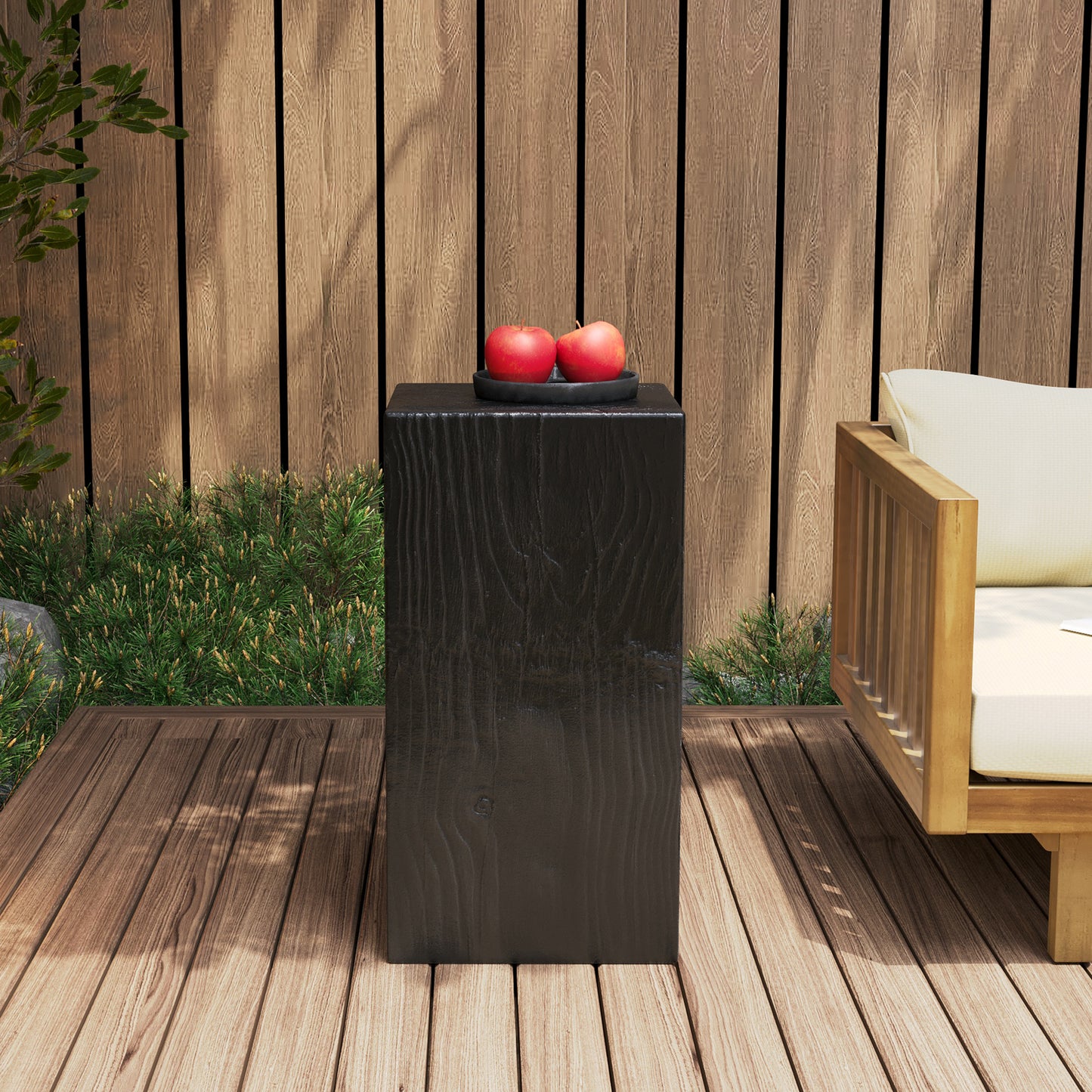 Wood-Look Square-Column MGO End Table,  H27.75",Wood-Like Distressed Finish, Mix with Different Heights, Indoor Outdoor Use,Black Color