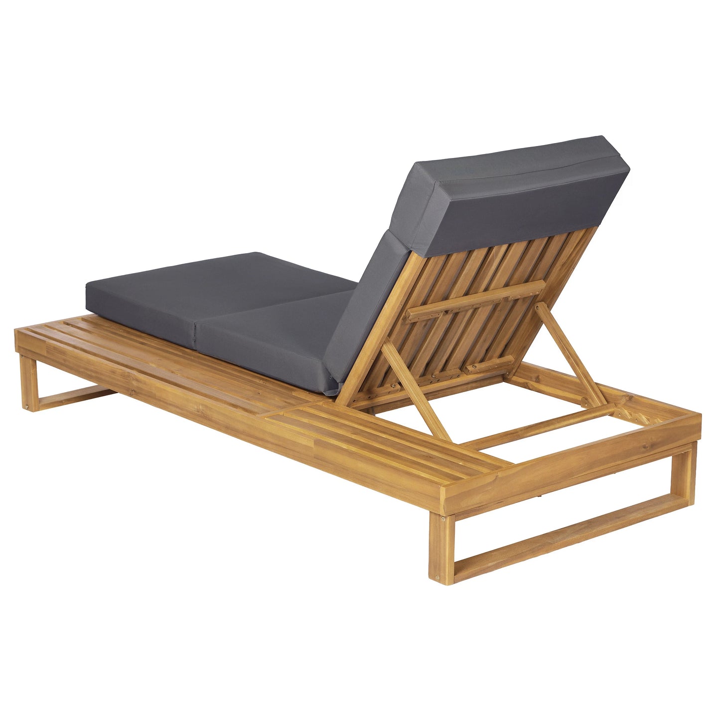 Teak Finish Acacia Wood Chaise Lounge with 4-Inch Dark Gray 4-Fold Cushion Set, Adjustable Outdoor Patio Lounger with Flat Side Surface, for Poolside- Matching cream,beige version available