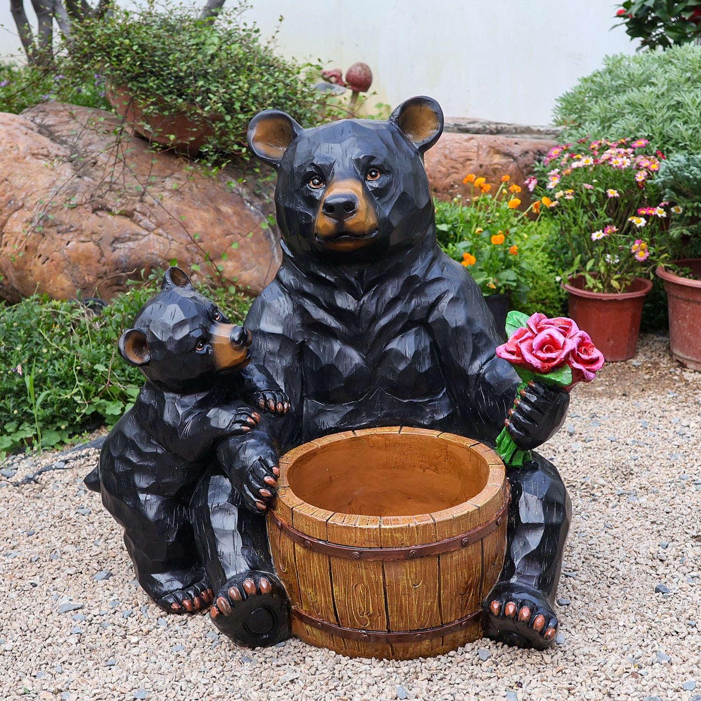 Outdoor Garden Sculpture Bear Flower Pot Planter - Unique Yard Statue Decoration, Interesting Law Outdoor Ornament